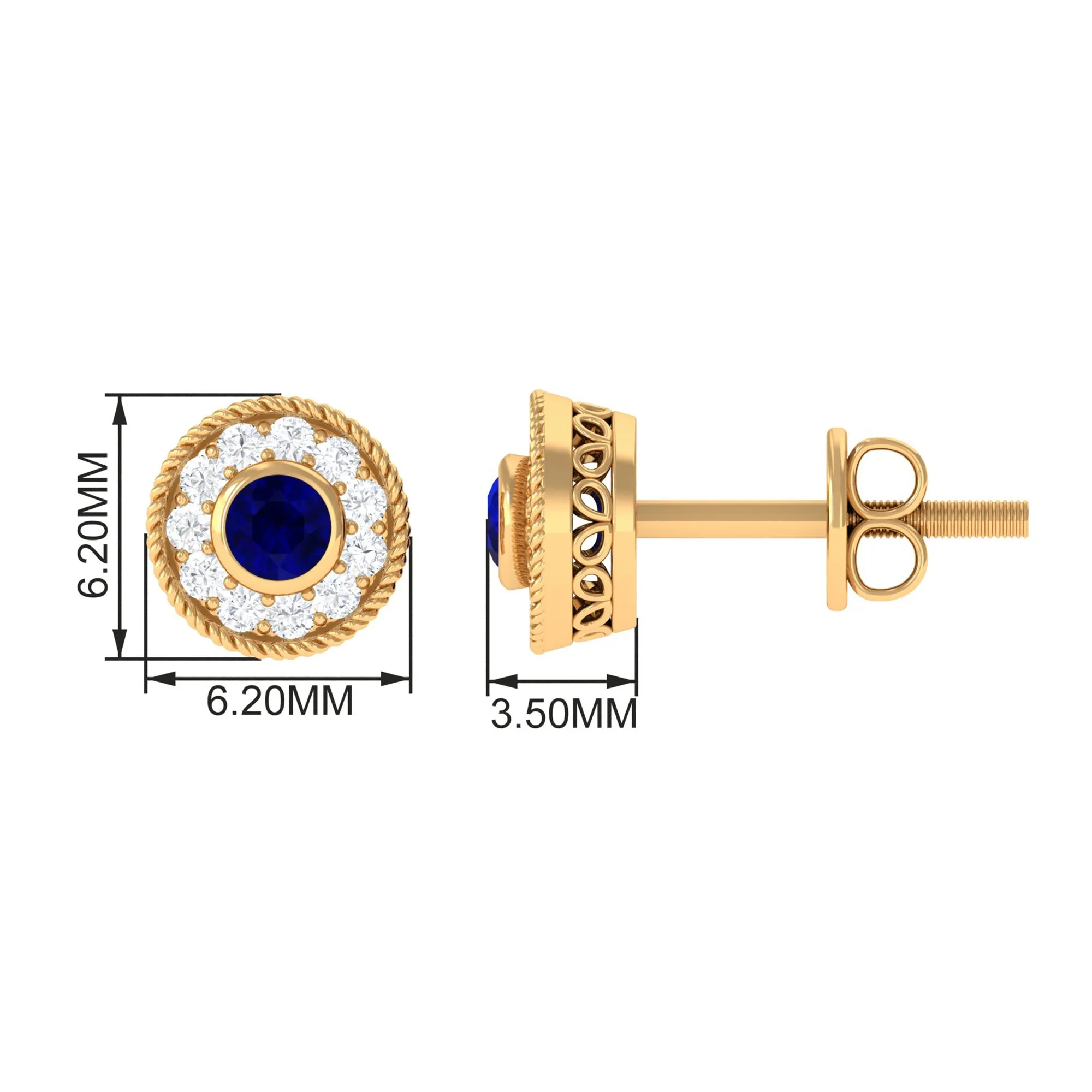 0.5 CT Antique Blue Sapphire and Diamond Halo Stud Earrings with Rope Frame