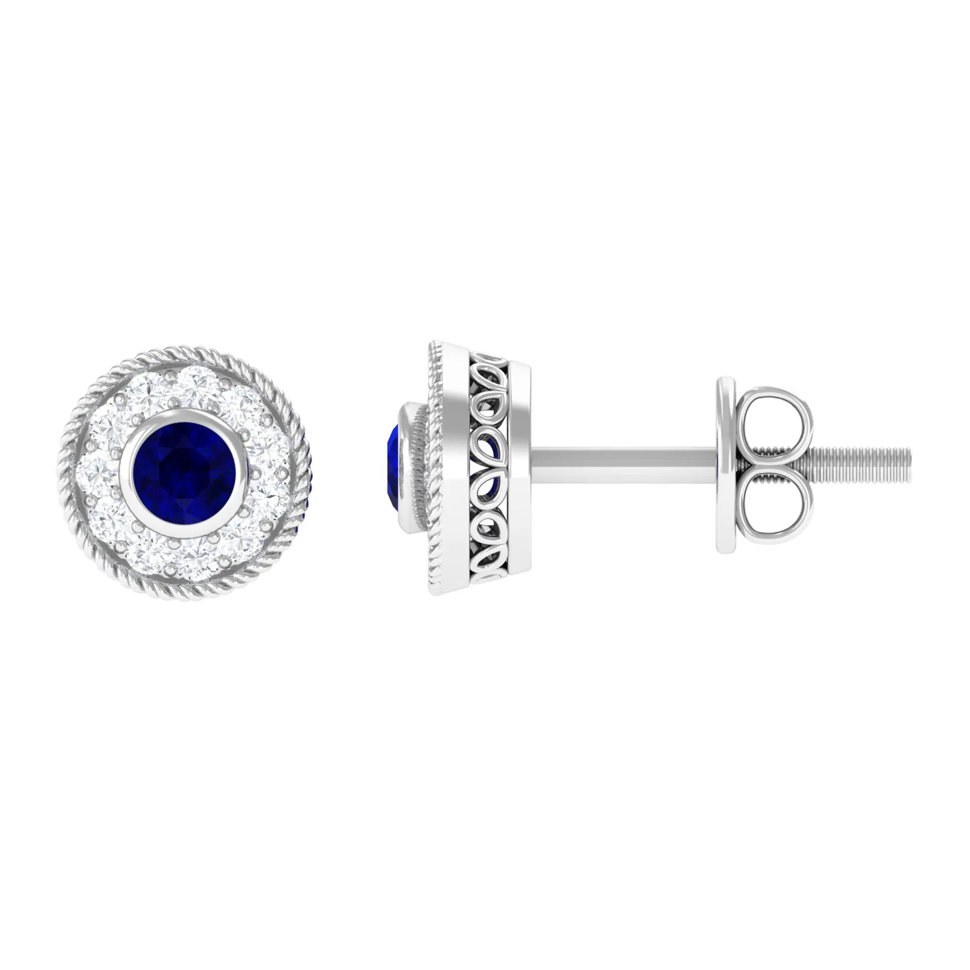 0.5 CT Antique Blue Sapphire and Diamond Halo Stud Earrings with Rope Frame