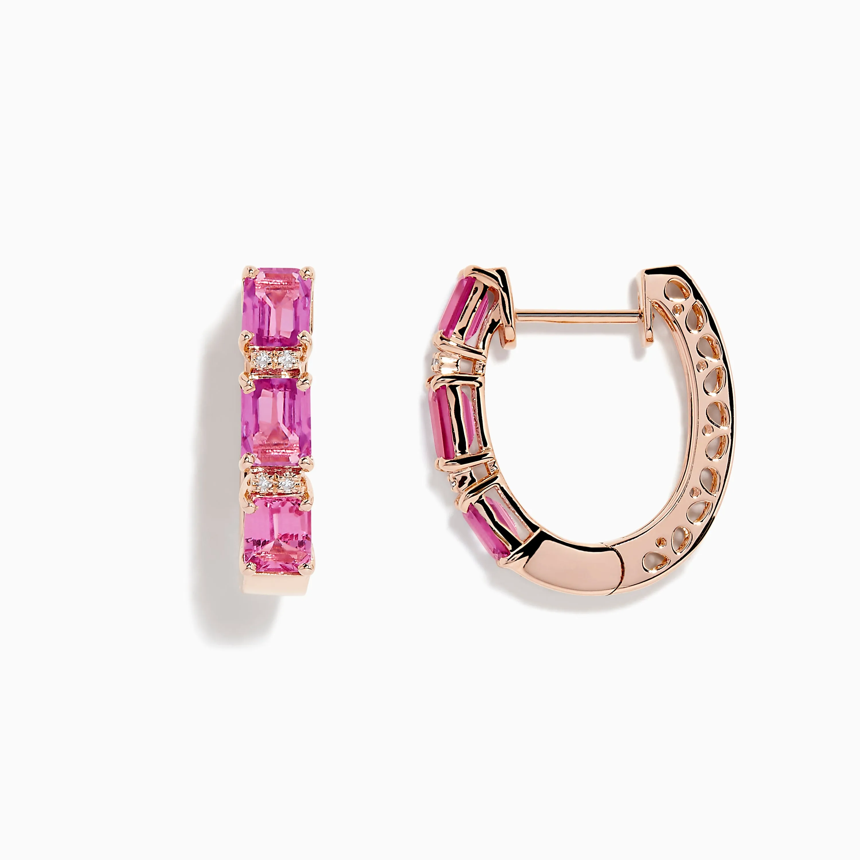 14K Rose Gold Pink Sapphire and Diamond Huggie Hoop Earrings