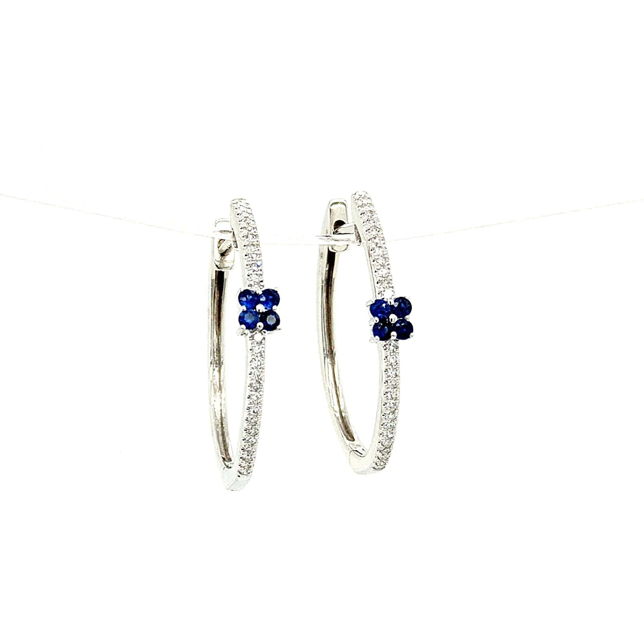 14K White Gold Diamond & Sapphire Hoop Earrings