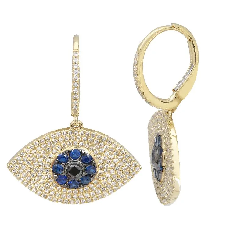 14k Yellow Gold Diamond and Sapphire Evil Eye Drop Earrings