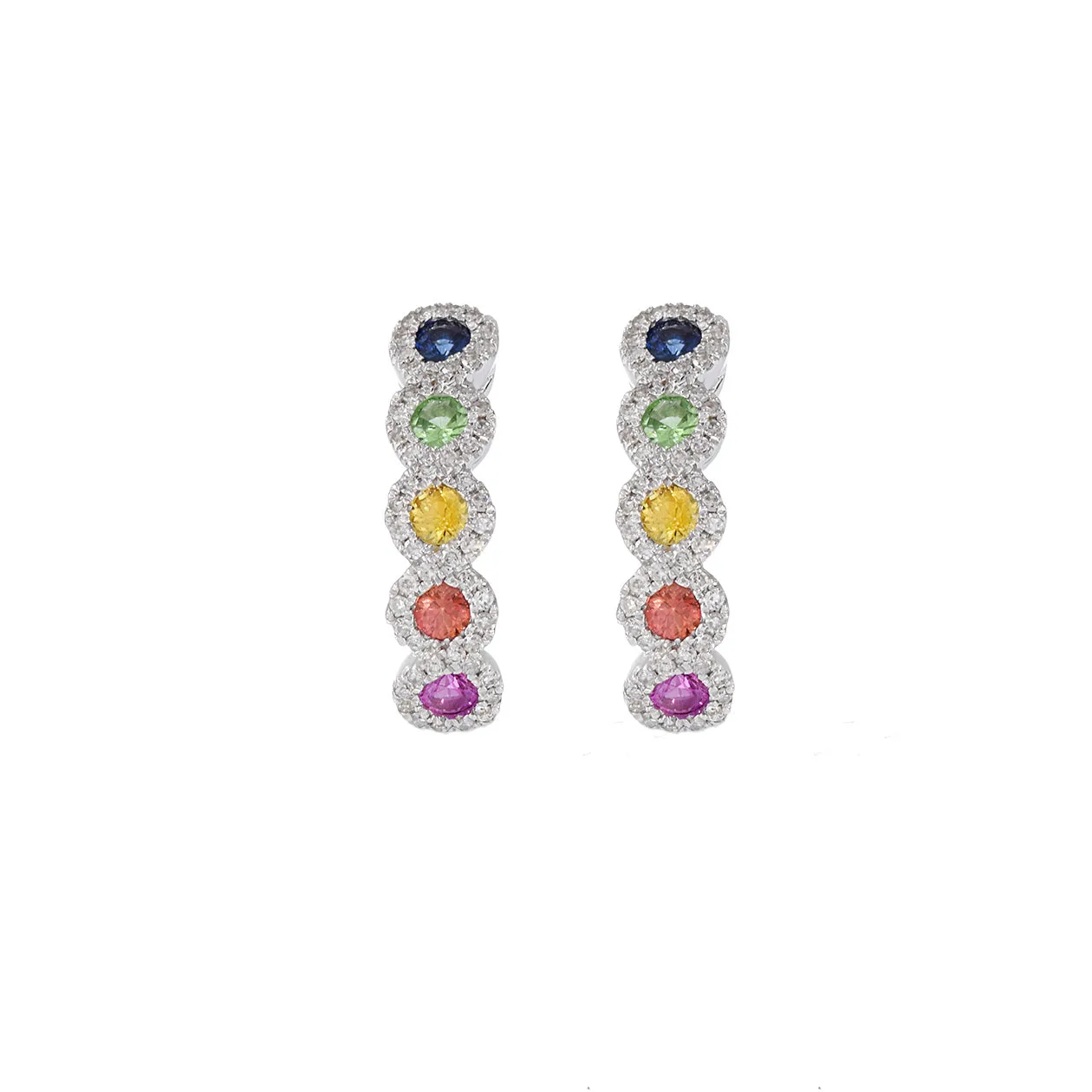 14KT White Gold Multi Color Sapphire And Diamond Huggie Earrings