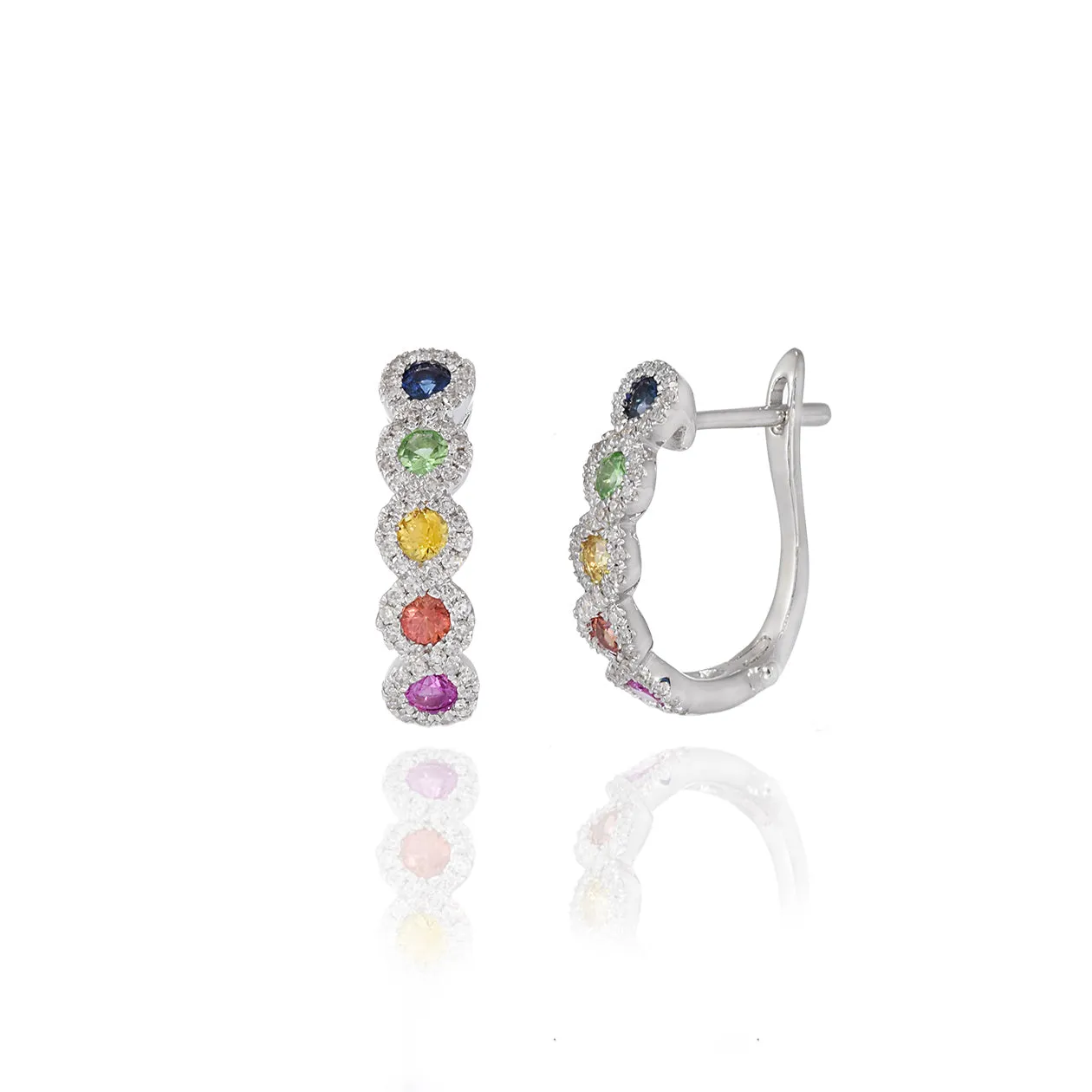 14KT White Gold Multi Color Sapphire And Diamond Huggie Earrings