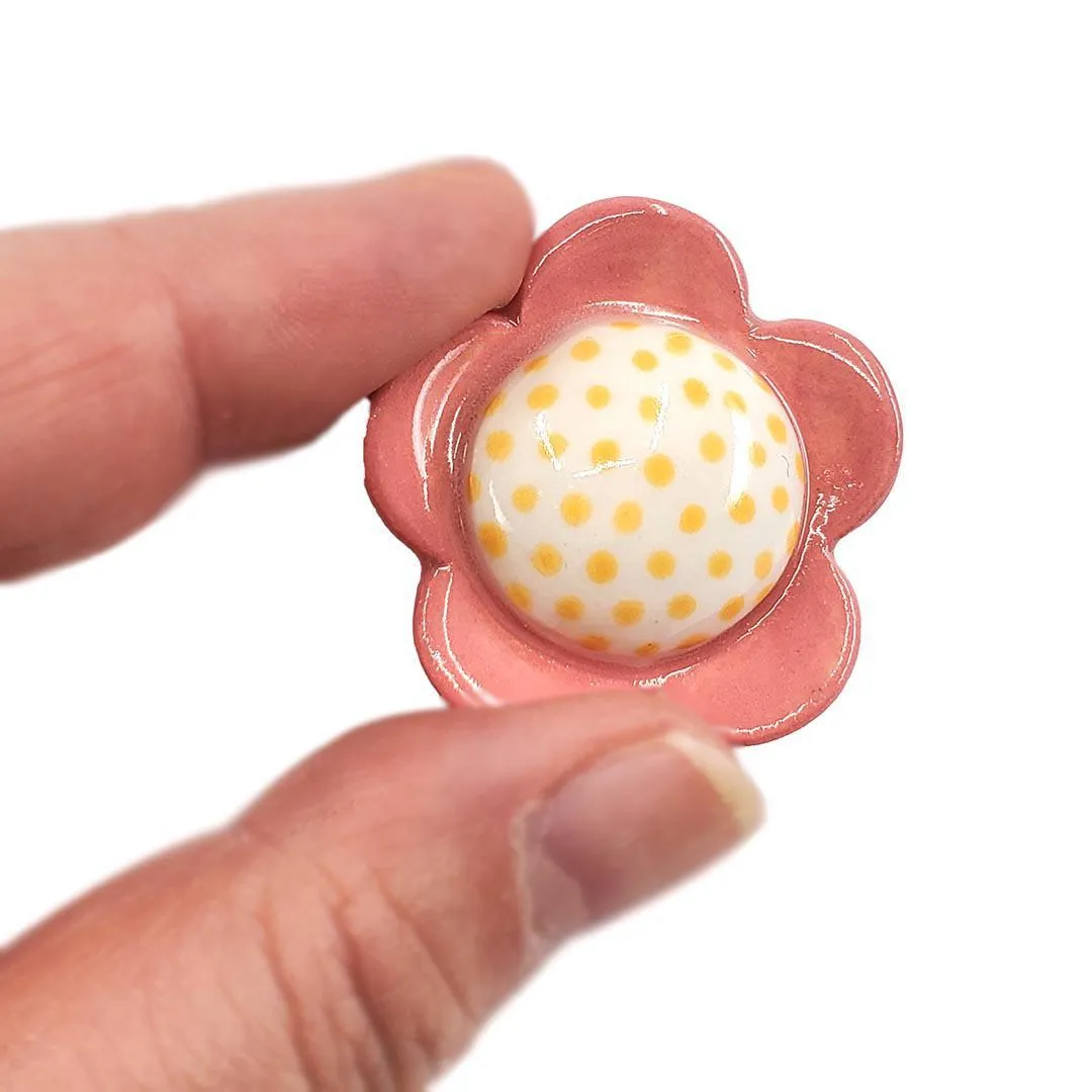 (20% Off) Ceramic Pin - Flower Pink with Yellow Dots by Jennifer Fujimoto