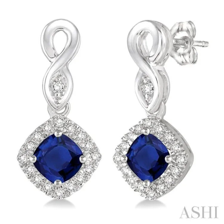 4x4 MM Cushion Cut Sapphire and 1/5 Ctw Round Cut Diamond Earrings in 10K White Gold