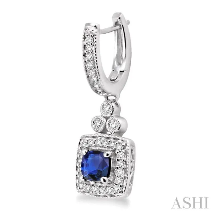 4x4MM Cushion Cut Sapphire and 1/3 Ctw Round Cut Diamond Earrings in 14K White Gold