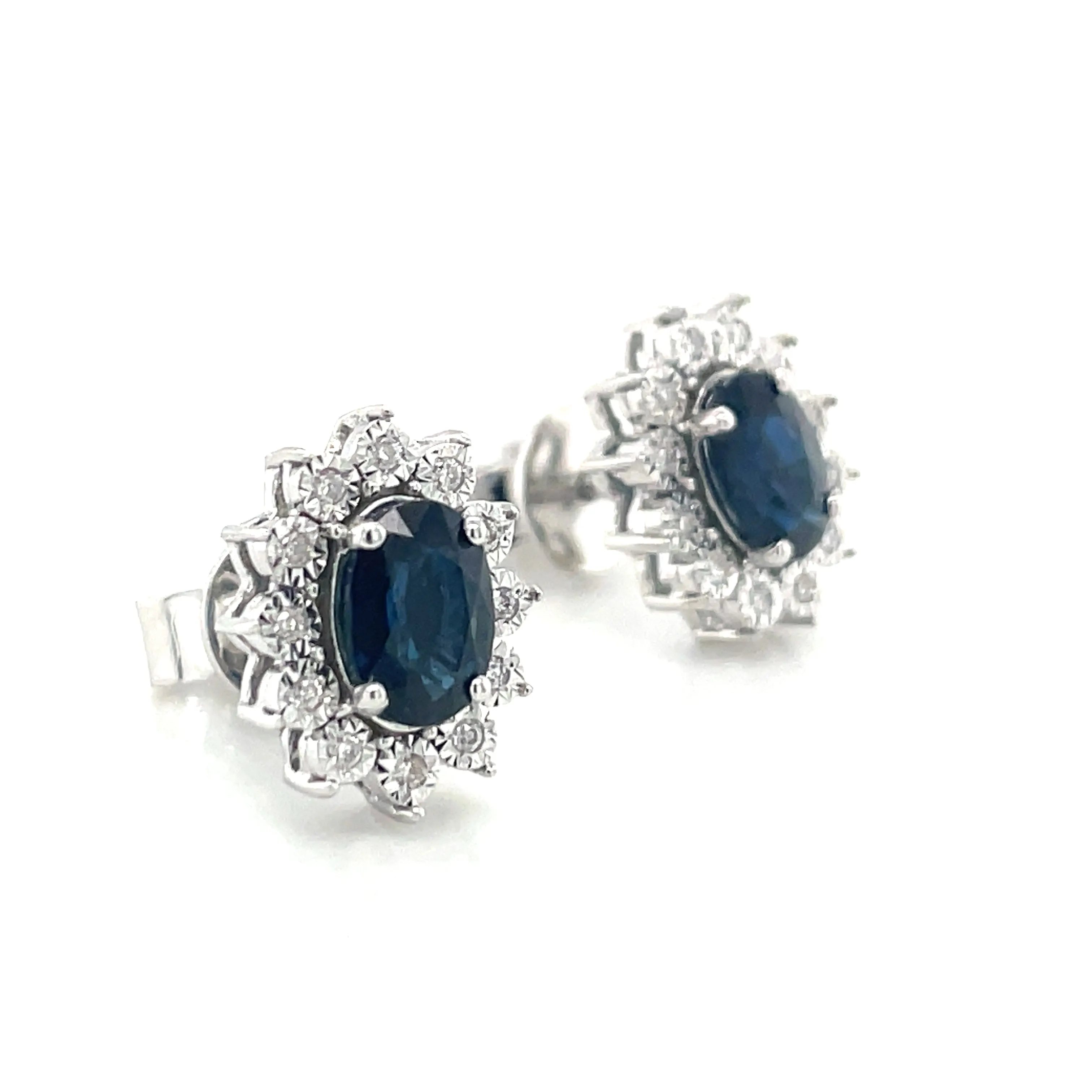 9ct White Gold Earth Grown Oval Sapphire & Diamond Cluster Halo Stud Earring