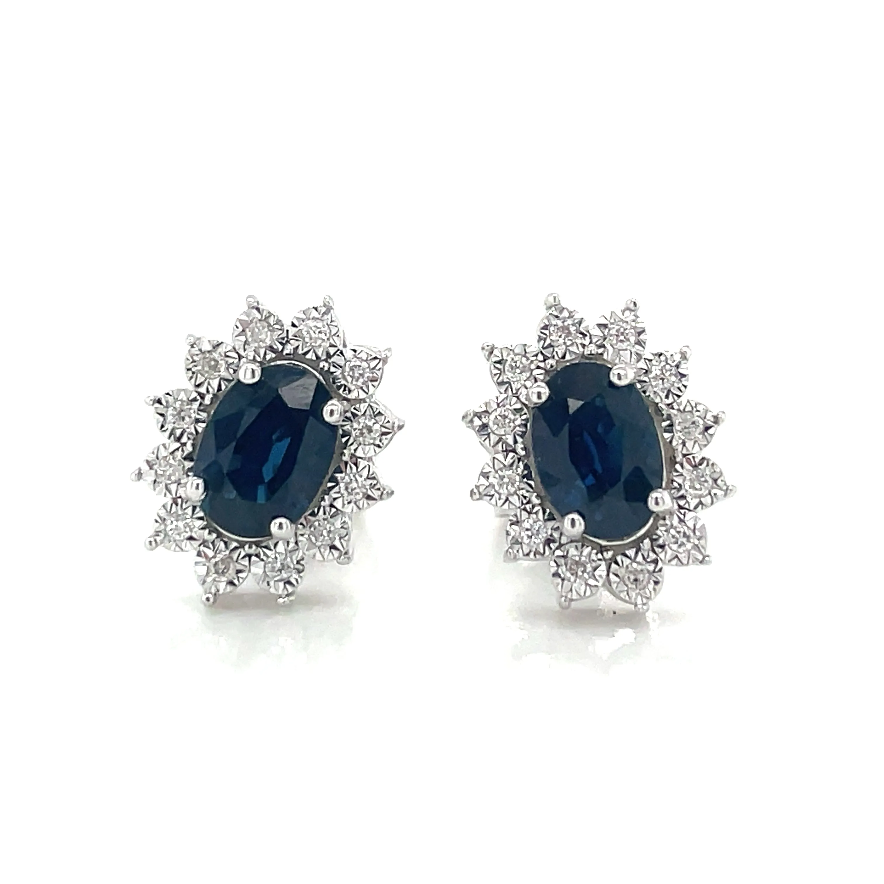 9ct White Gold Earth Grown Oval Sapphire & Diamond Cluster Halo Stud Earring