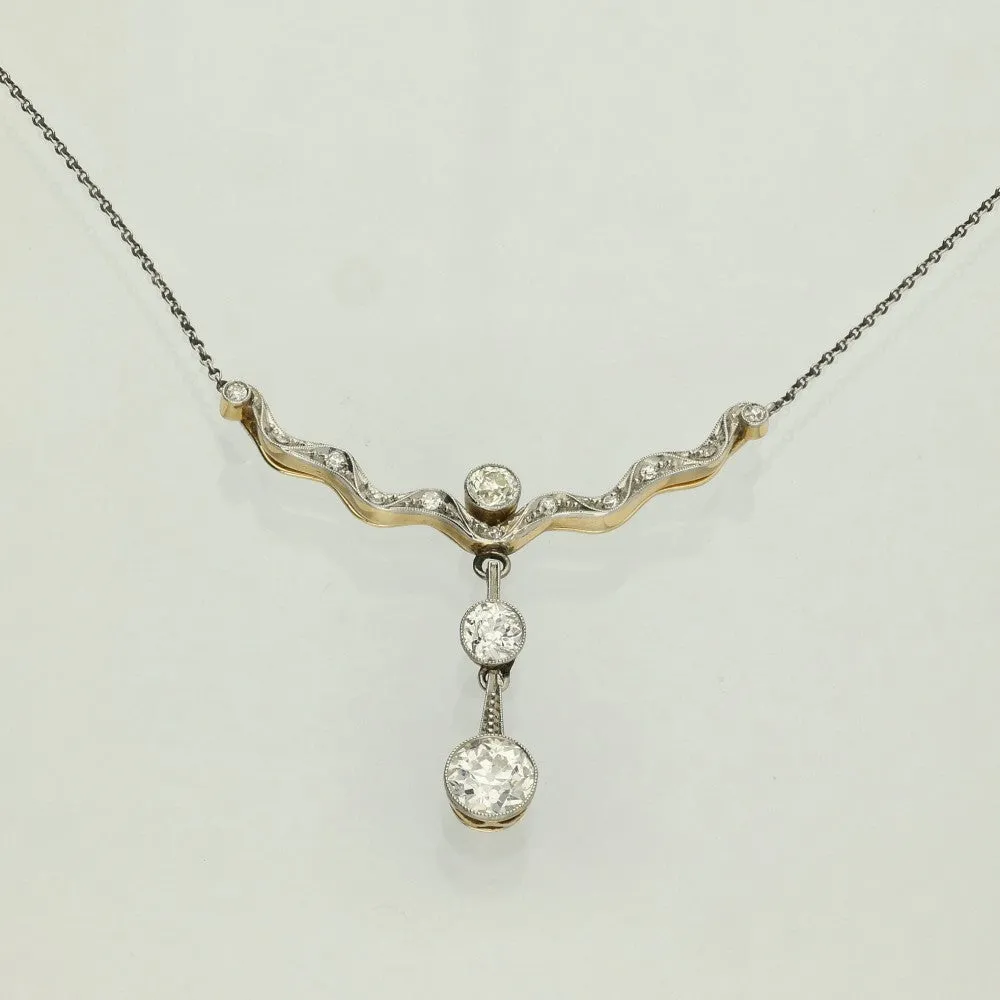 Antique Platinum Old Cut Diamond Drop Necklace with Brooch Attachment