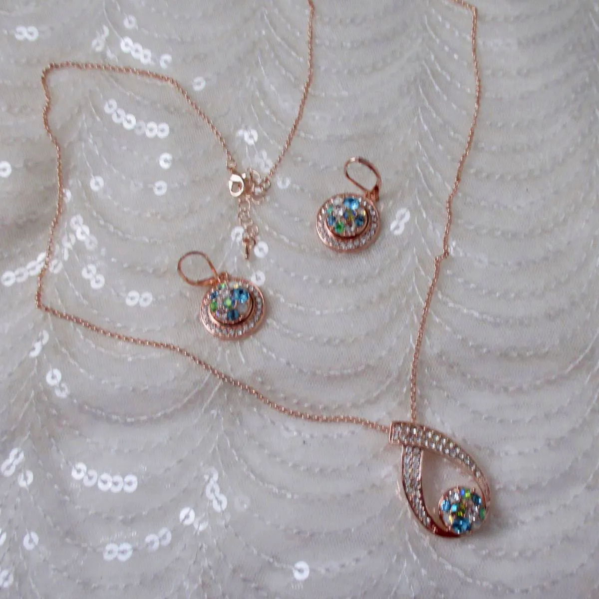 Aqua Rhinestone & Rose Gold Pendant Necklace & Earrings