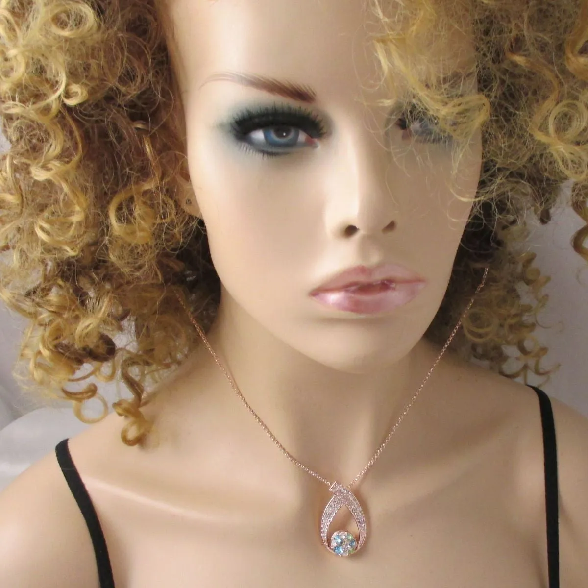 Aqua Rhinestone & Rose Gold Pendant Necklace & Earrings