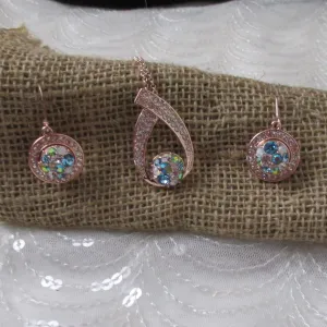 Aqua Rhinestone & Rose Gold Pendant Necklace & Earrings