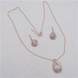 Aqua Rhinestone & Rose Gold Pendant Necklace & Earrings