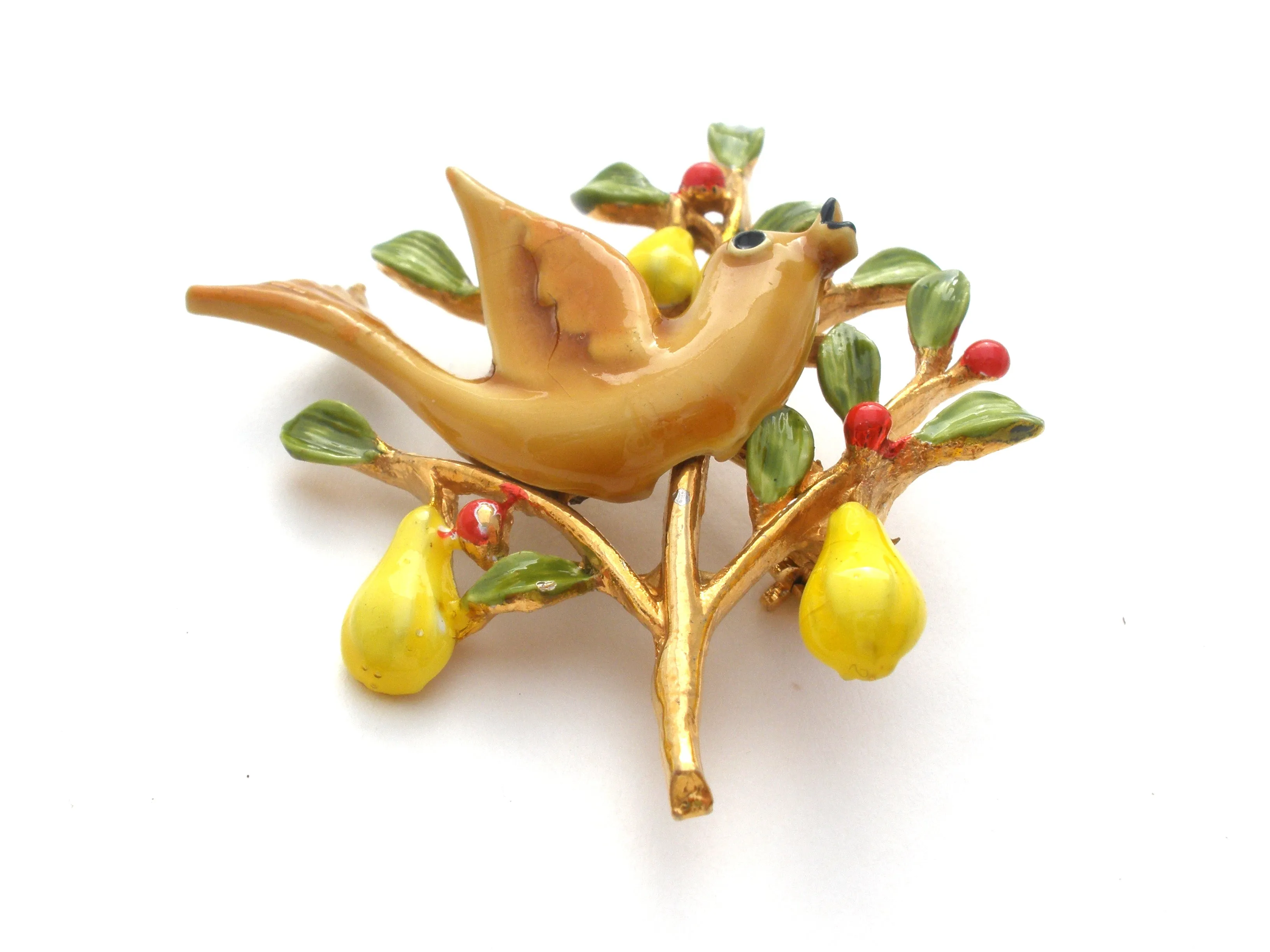 ART Partridge Bird In Pear Tree Brooch Pin Vintage