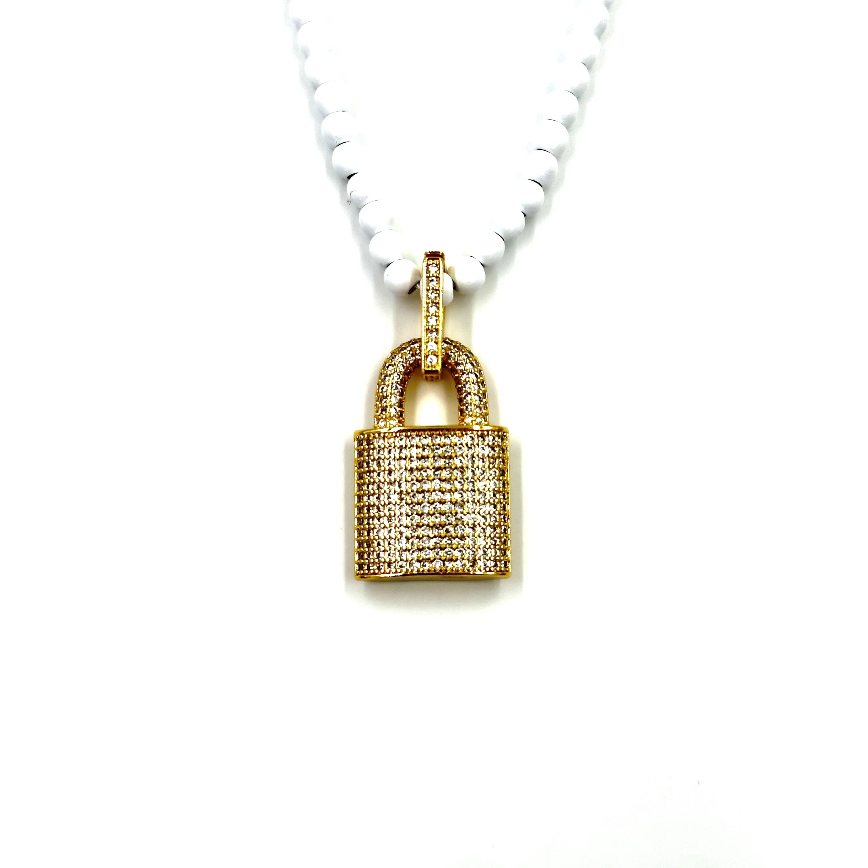 Ashley Gold Stainless Steel Gold Plated CZ Lock Pendant White Beaded Necklace