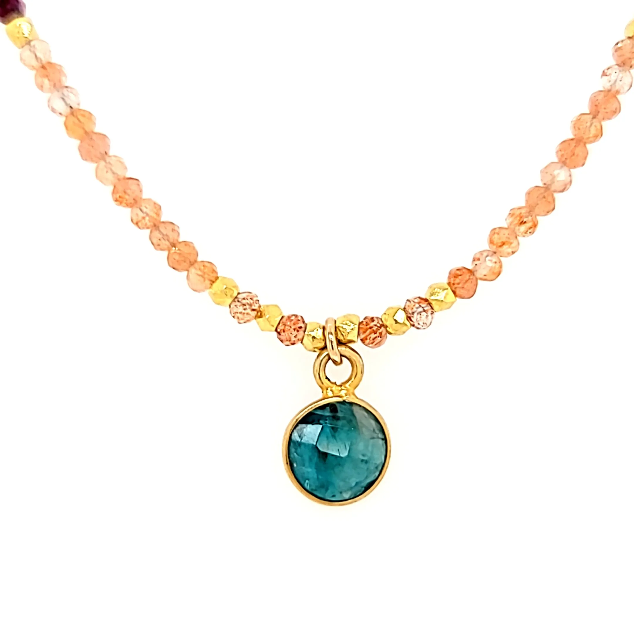 AVF Beaded Sunstone, Ruby & Apatite Necklace w/ Grandiederite Drop (SI3692)