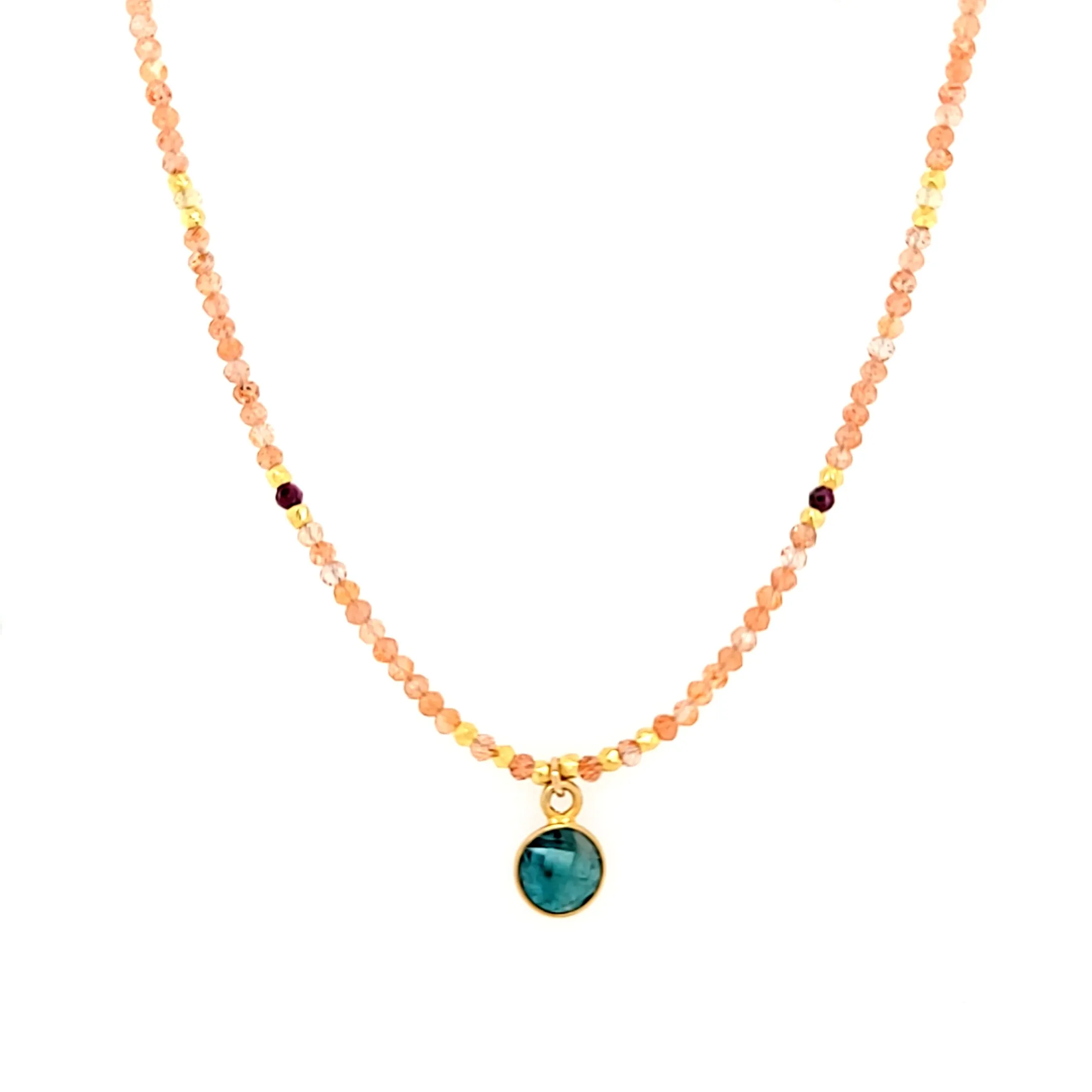 AVF Beaded Sunstone, Ruby & Apatite Necklace w/ Grandiederite Drop (SI3692)