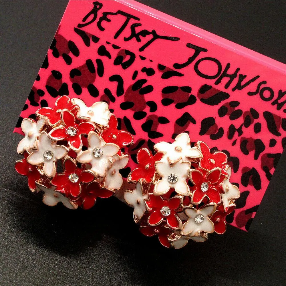 Betsey Johnson Flower Red & White Enamel Lever back Earrings