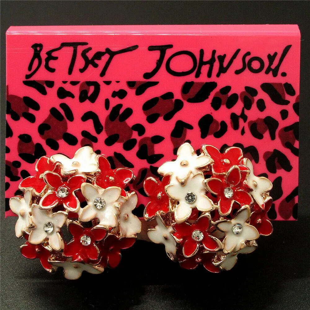 Betsey Johnson Flower Red & White Enamel Lever back Earrings