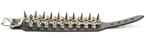 Black Leather Bracelet w/ 3 Rows of Multi-Sized Silver Spikes