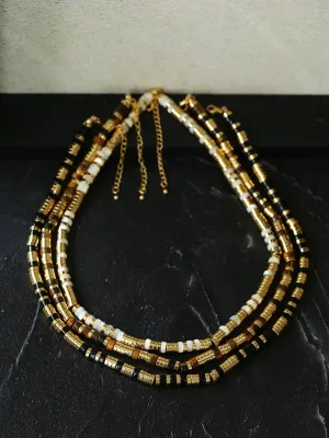 Black Onyx Tiger Eye Mother of Pearls Vintage Disc Beaded Necklace