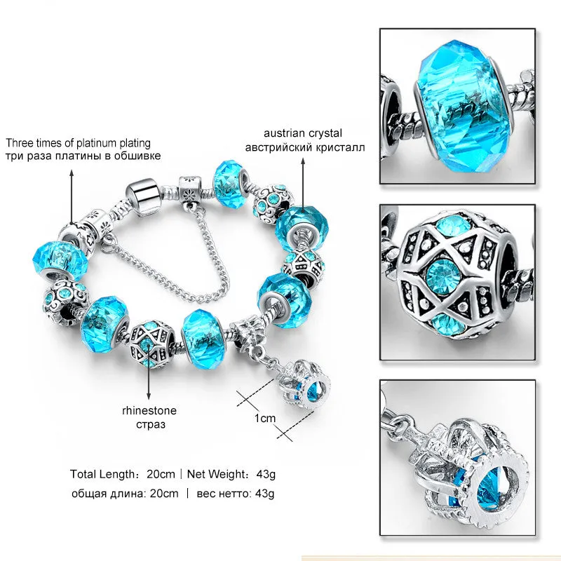 Blue Crystal Charm Bracelets & Bangles for Women With Murano Beads Bracelet Femme Love 925 Silver Sapphire Jewelry