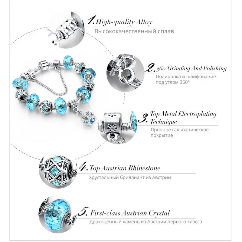 Blue Crystal Charm Bracelets & Bangles for Women With Murano Beads Bracelet Femme Love 925 Silver Sapphire Jewelry