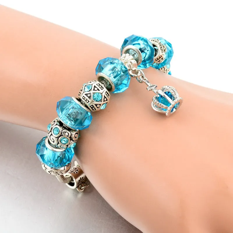 Blue Crystal Charm Bracelets & Bangles for Women With Murano Beads Bracelet Femme Love 925 Silver Sapphire Jewelry