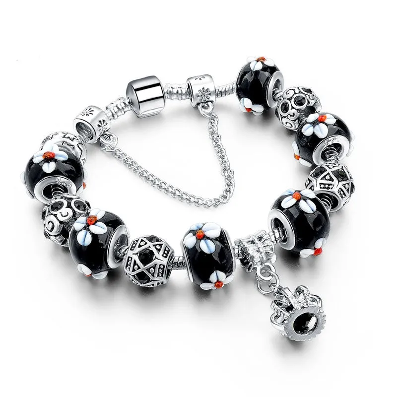 Blue Crystal Charm Bracelets & Bangles for Women With Murano Beads Bracelet Femme Love 925 Silver Sapphire Jewelry