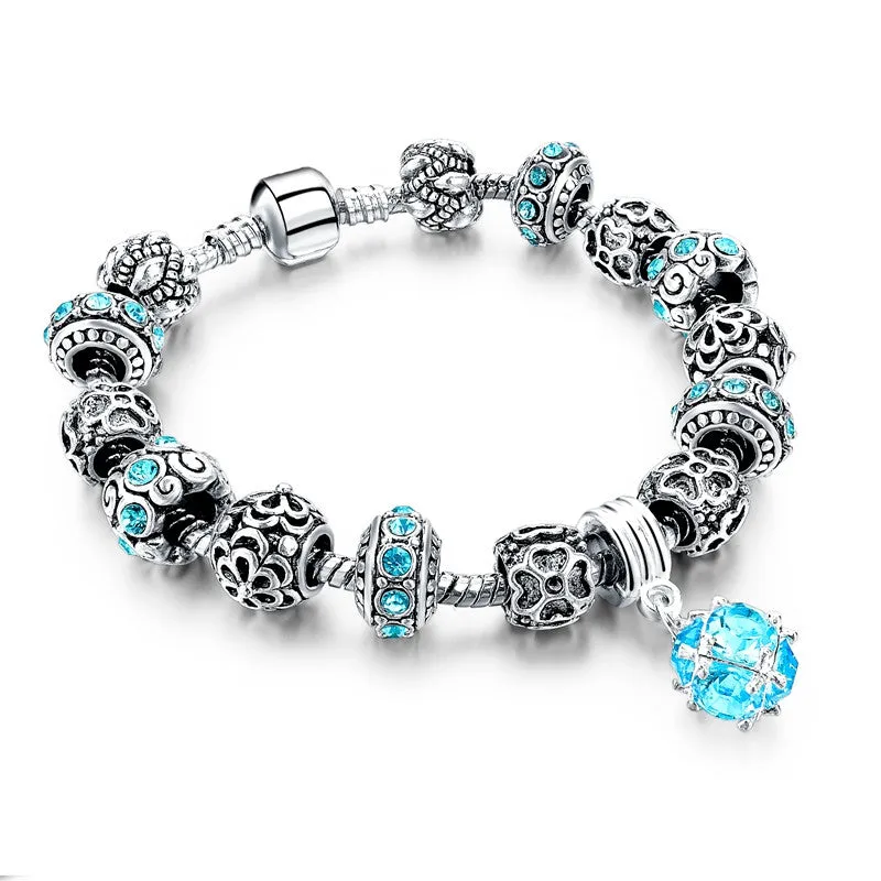 Blue Crystal Charm Bracelets & Bangles for Women With Murano Beads Bracelet Femme Love 925 Silver Sapphire Jewelry