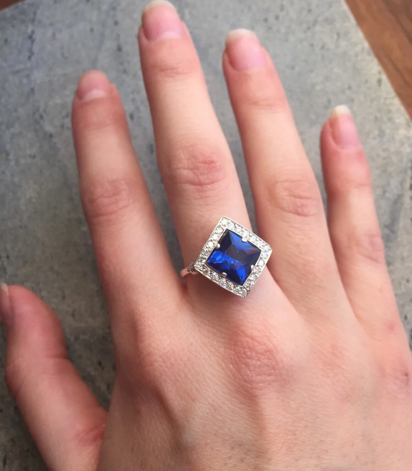 Blue Sapphire Ring - Vintage Sapphire Ring - Large Princess Cut Ring