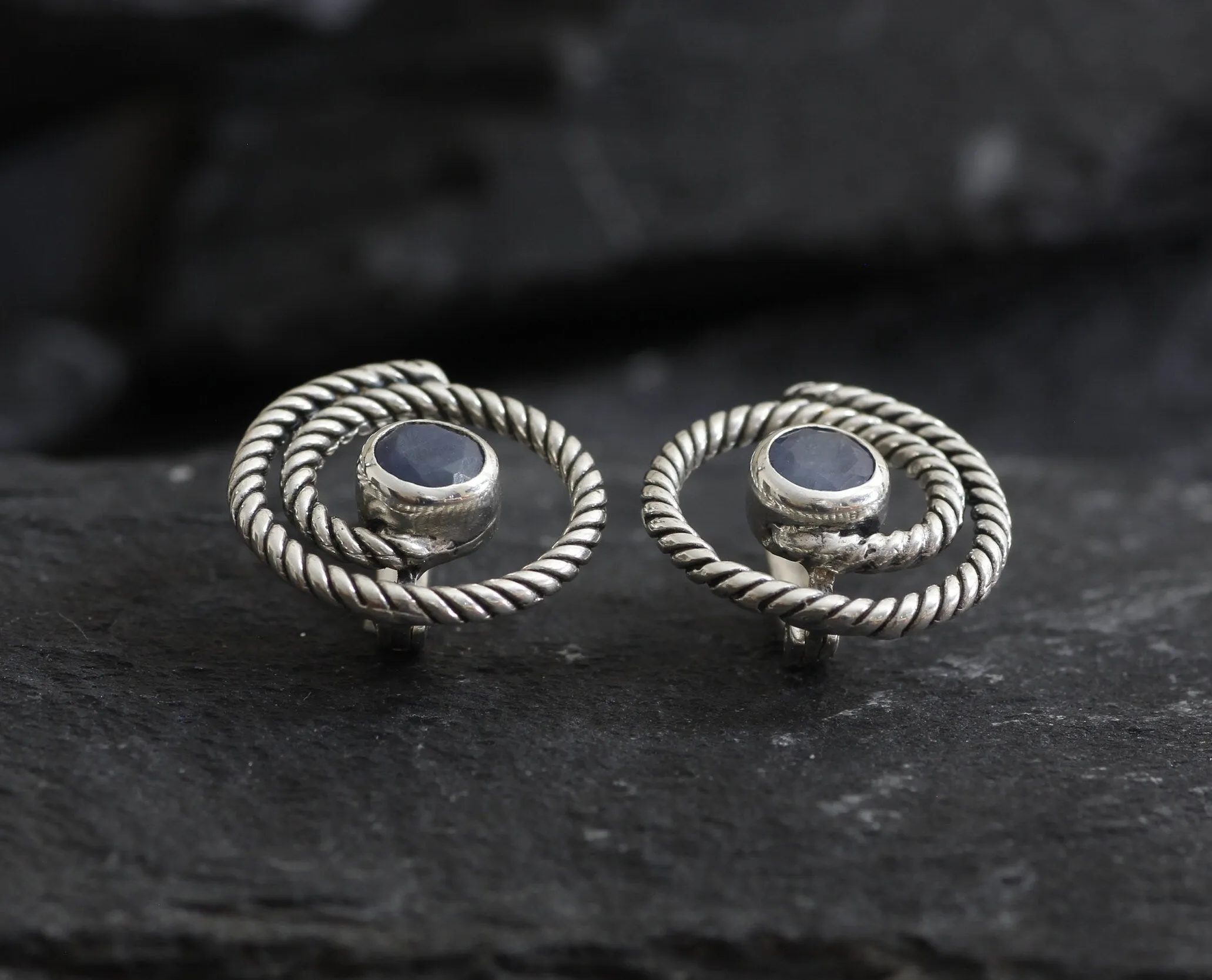 Blue Swirl Earrings - Natural Sapphire Earrings, Blue Spiral Studs