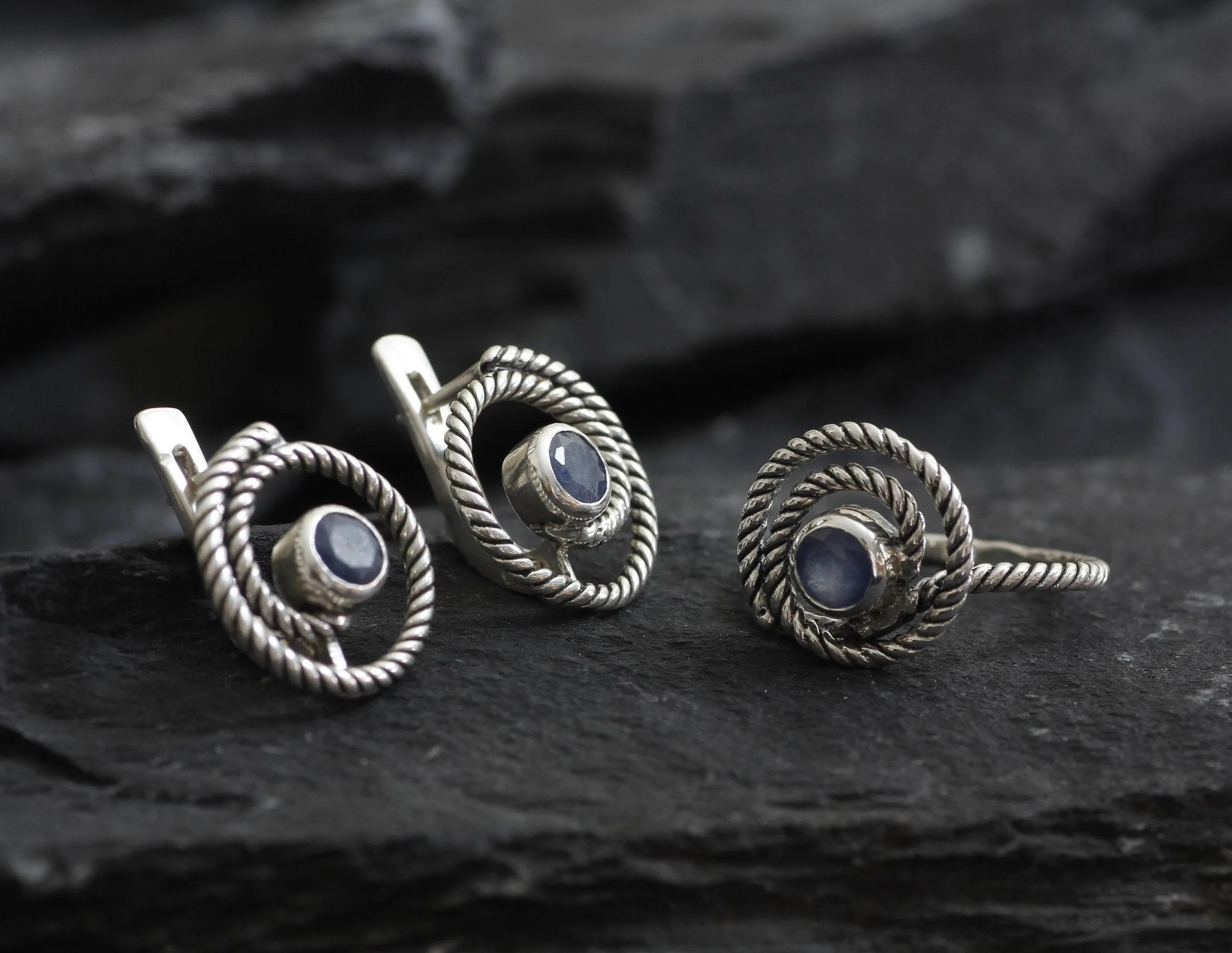 Blue Swirl Earrings - Natural Sapphire Earrings, Blue Spiral Studs