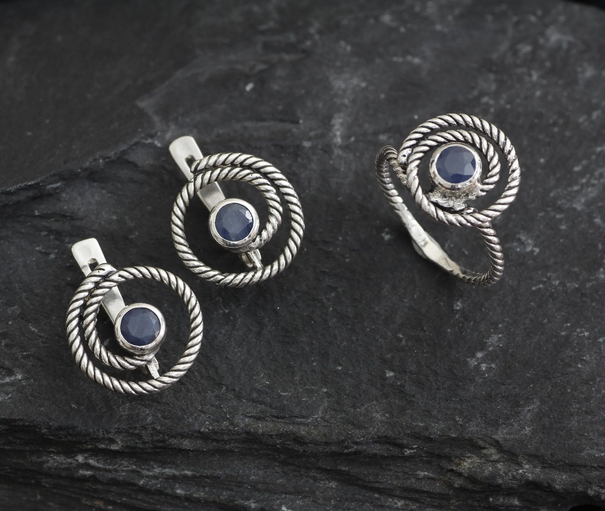 Blue Swirl Earrings - Natural Sapphire Earrings, Blue Spiral Studs