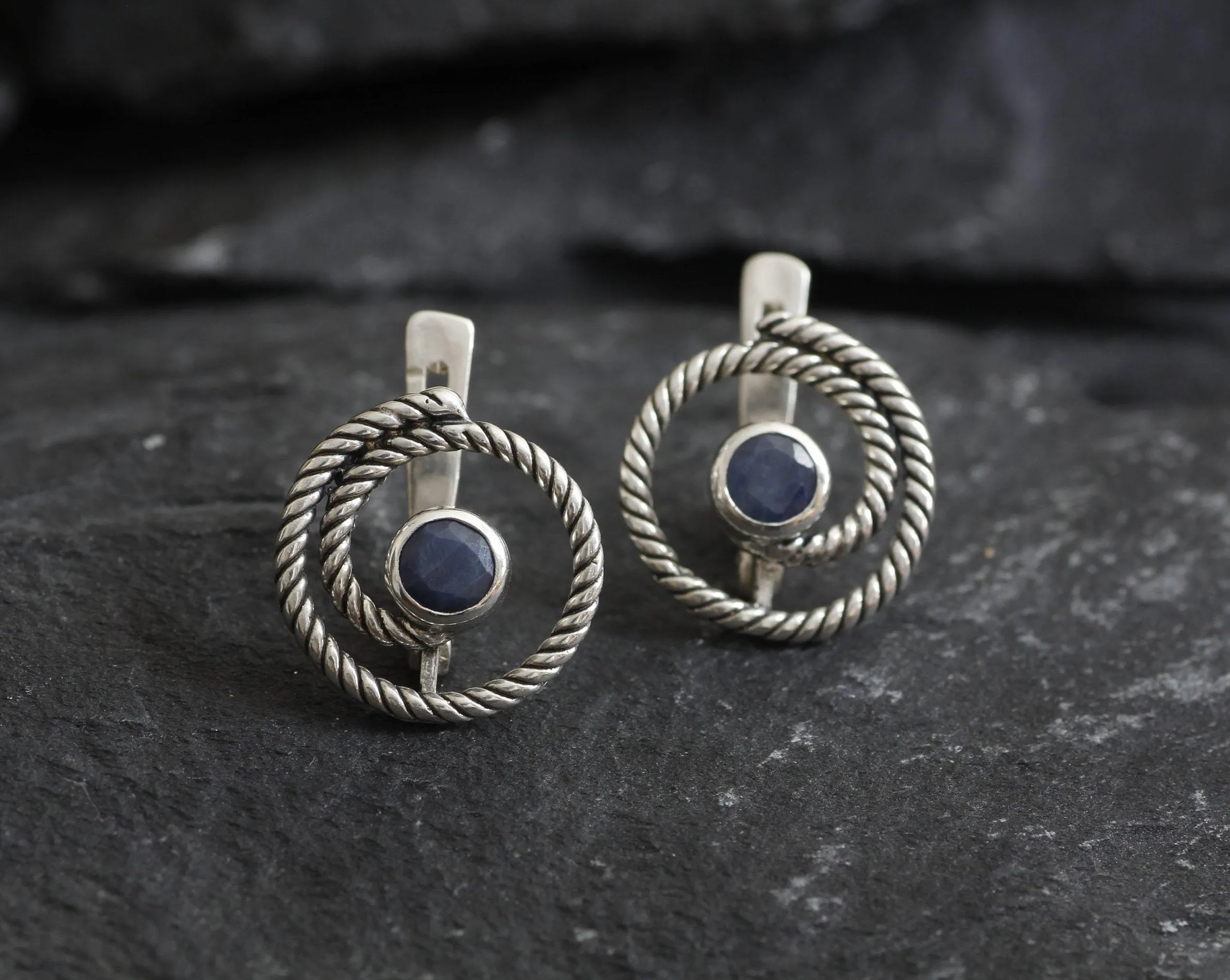 Blue Swirl Earrings - Natural Sapphire Earrings, Blue Spiral Studs