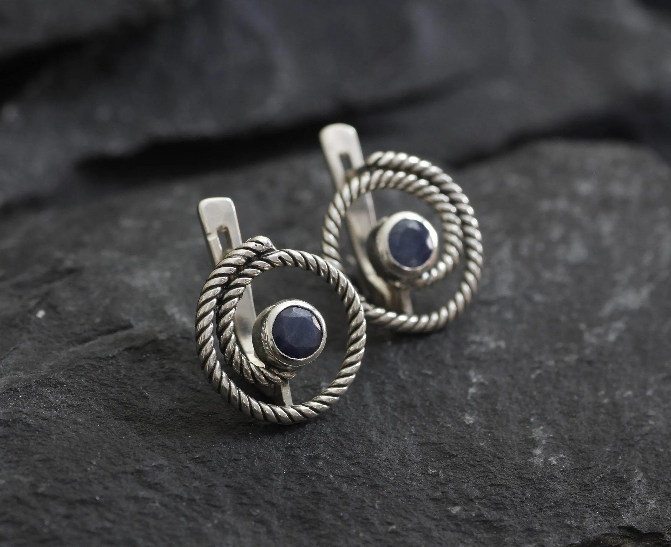 Blue Swirl Earrings - Natural Sapphire Earrings, Blue Spiral Studs