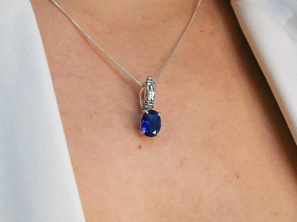 Boho Sapphire Pendant - Blue Tribal Necklace - Silver Sapphire Necklace