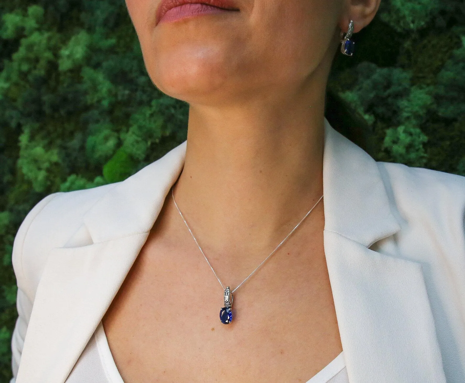 Boho Sapphire Pendant - Blue Tribal Necklace - Silver Sapphire Necklace