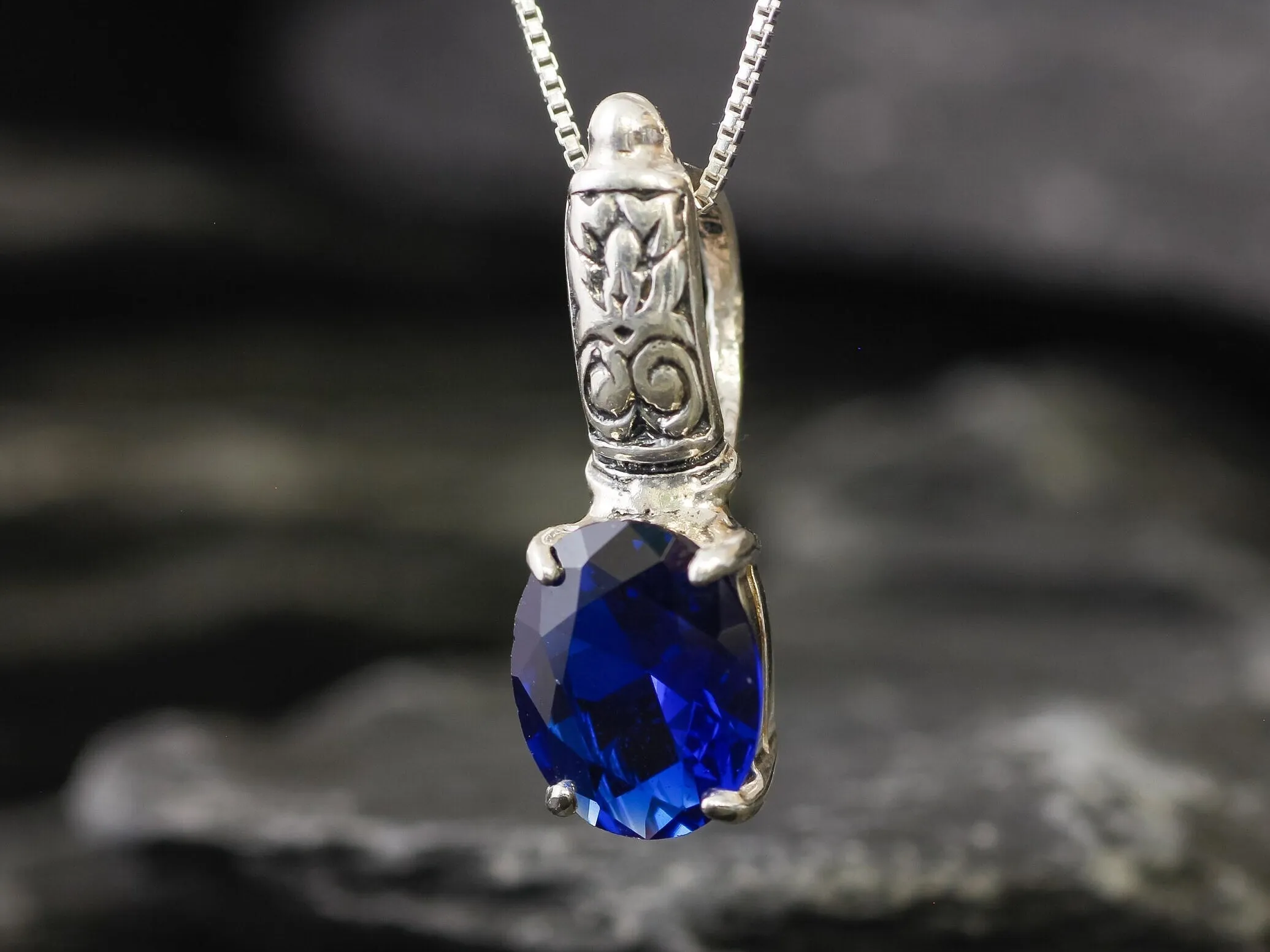 Boho Sapphire Pendant - Blue Tribal Necklace - Silver Sapphire Necklace