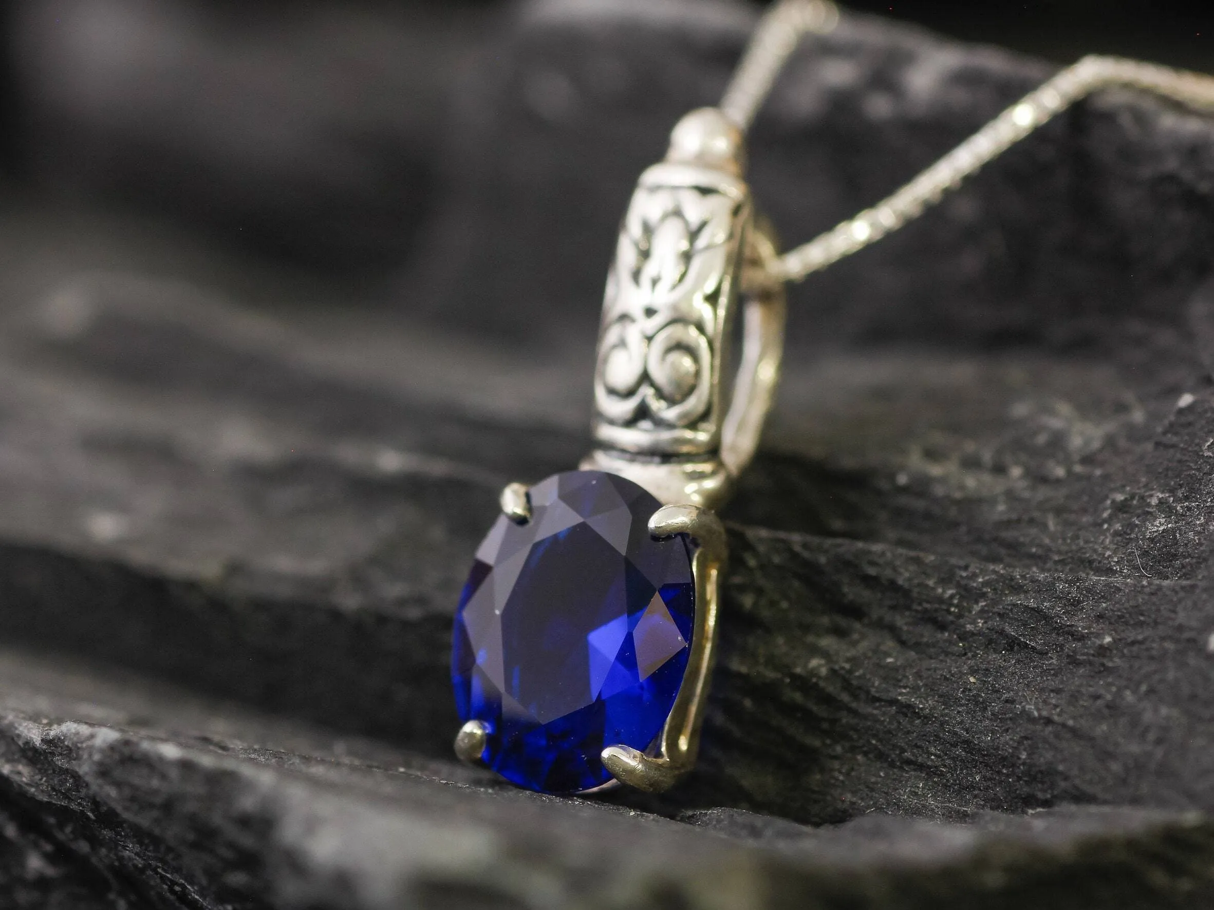 Boho Sapphire Pendant - Blue Tribal Necklace - Silver Sapphire Necklace