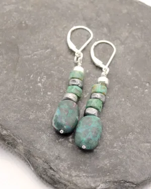 Boho silver and green-blue chrysocolla dangling earrings, romantic gift