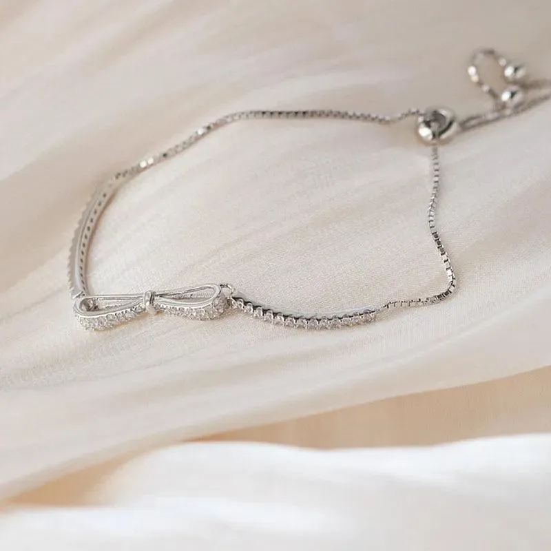 Bracelet Charm Jewelry 925 Sterling Silver Adjustable Chain Crystal Bowknot Bangle