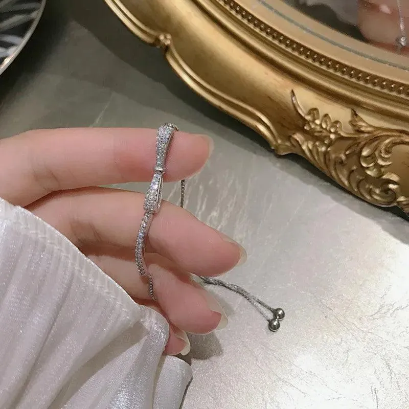 Bracelet Charm Jewelry 925 Sterling Silver Adjustable Chain Crystal Bowknot Bangle