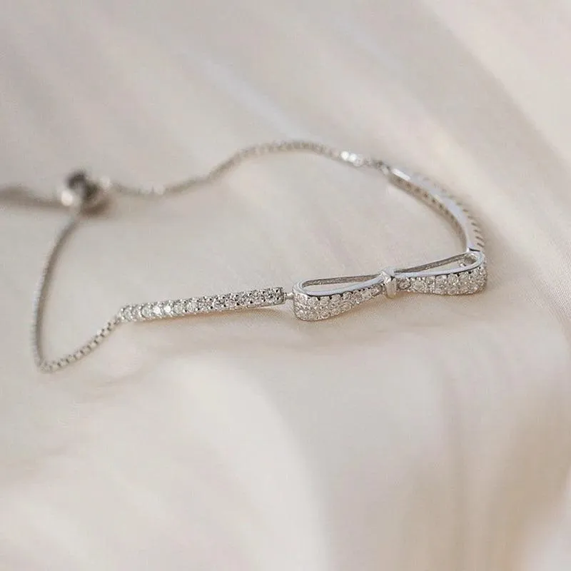 Bracelet Charm Jewelry 925 Sterling Silver Adjustable Chain Crystal Bowknot Bangle