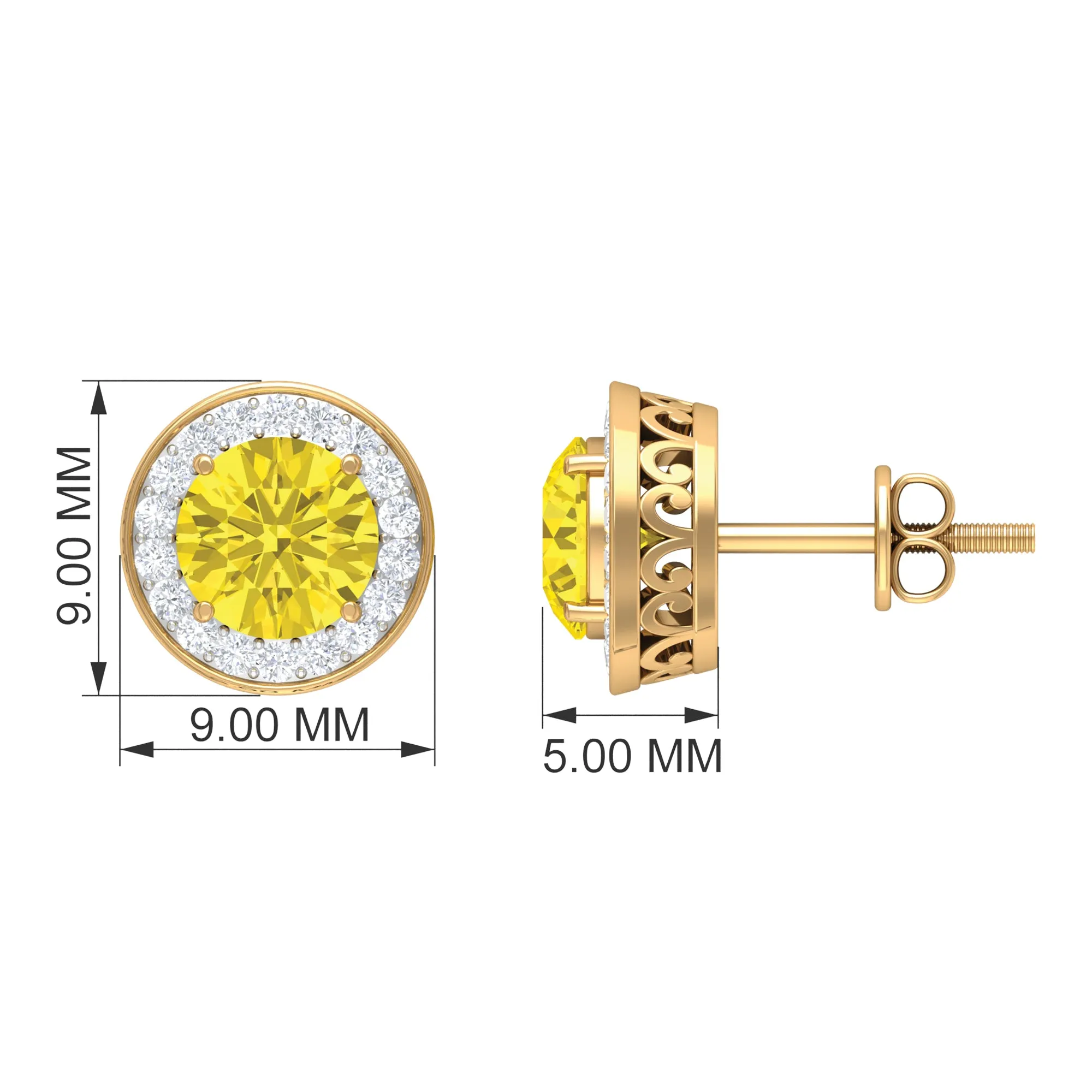 Classic Stud Earrings with Lab Grown Yellow Sapphire and Diamond Halo