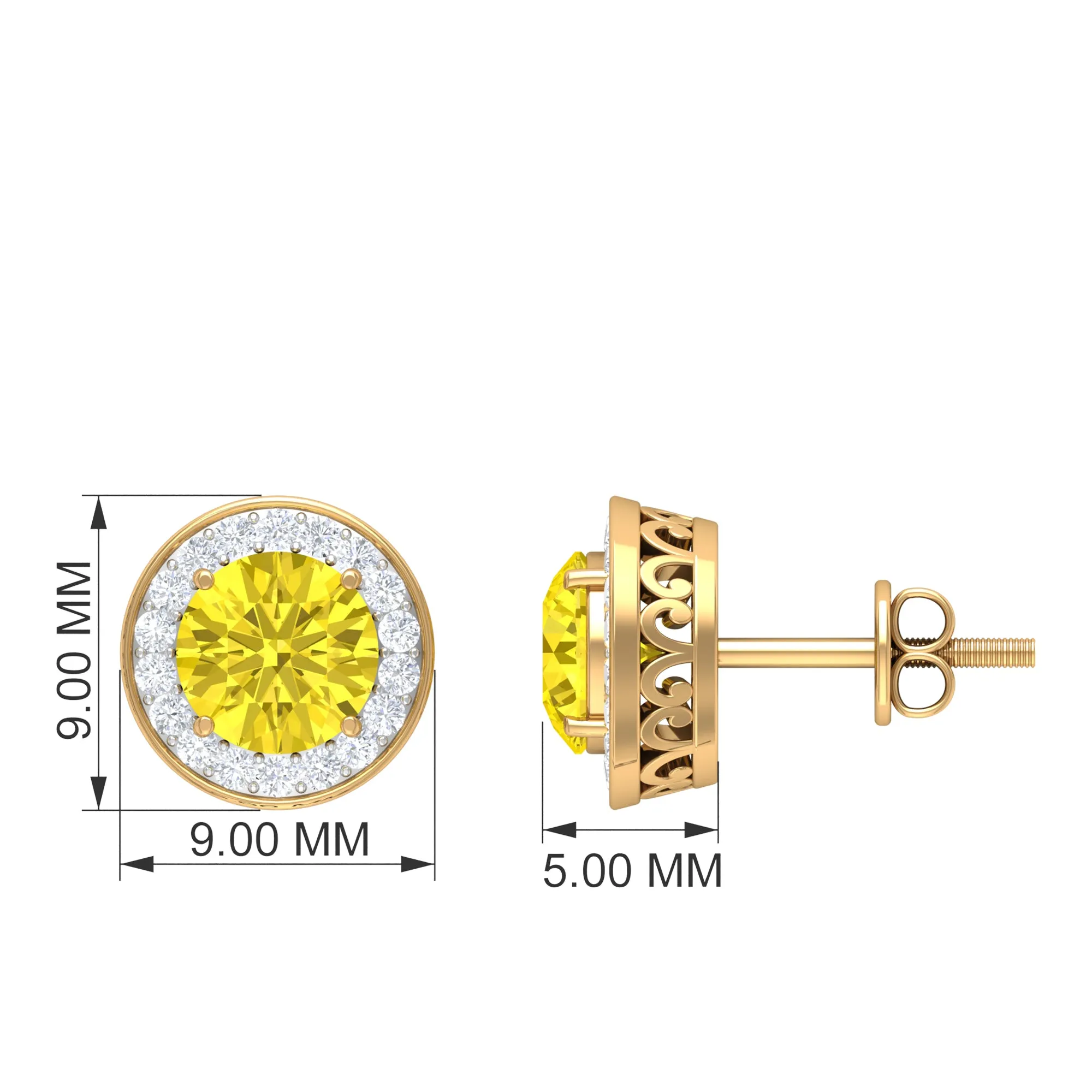 Classic Stud Earrings with Lab Grown Yellow Sapphire and Diamond Halo