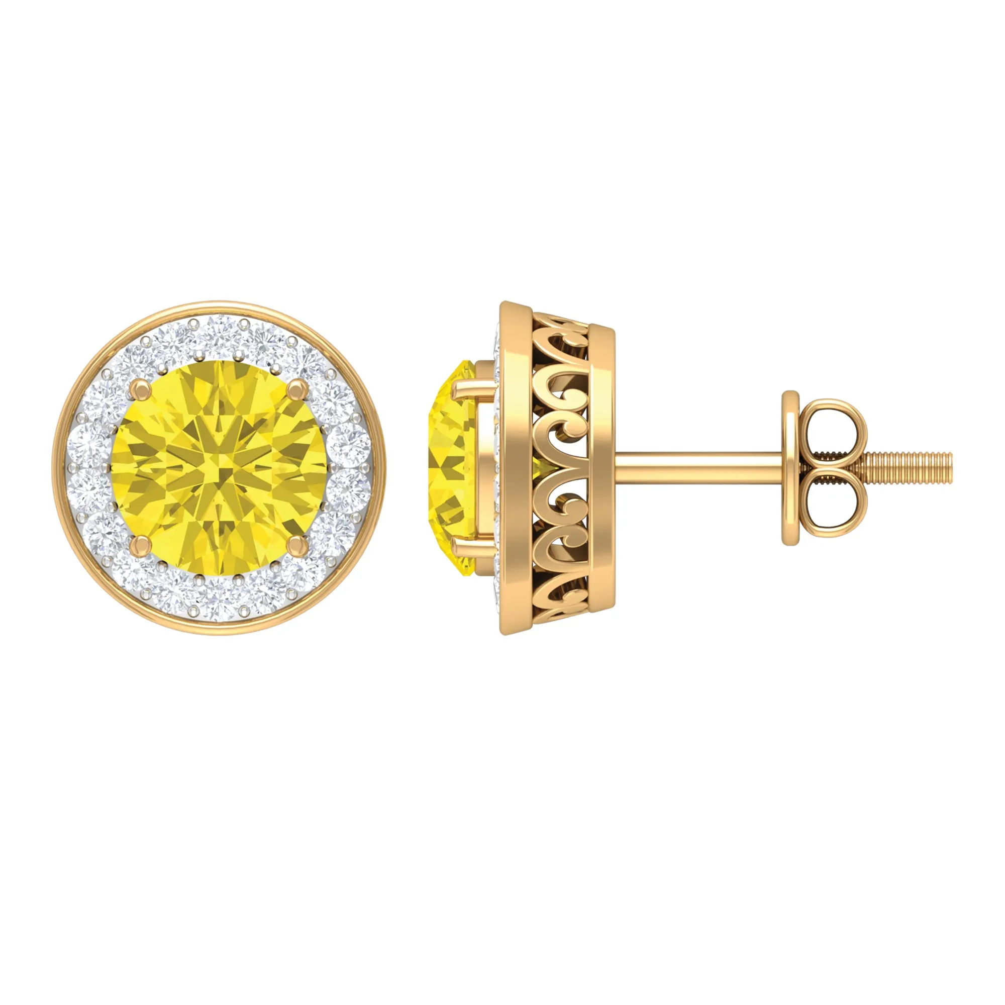 Classic Stud Earrings with Lab Grown Yellow Sapphire and Diamond Halo