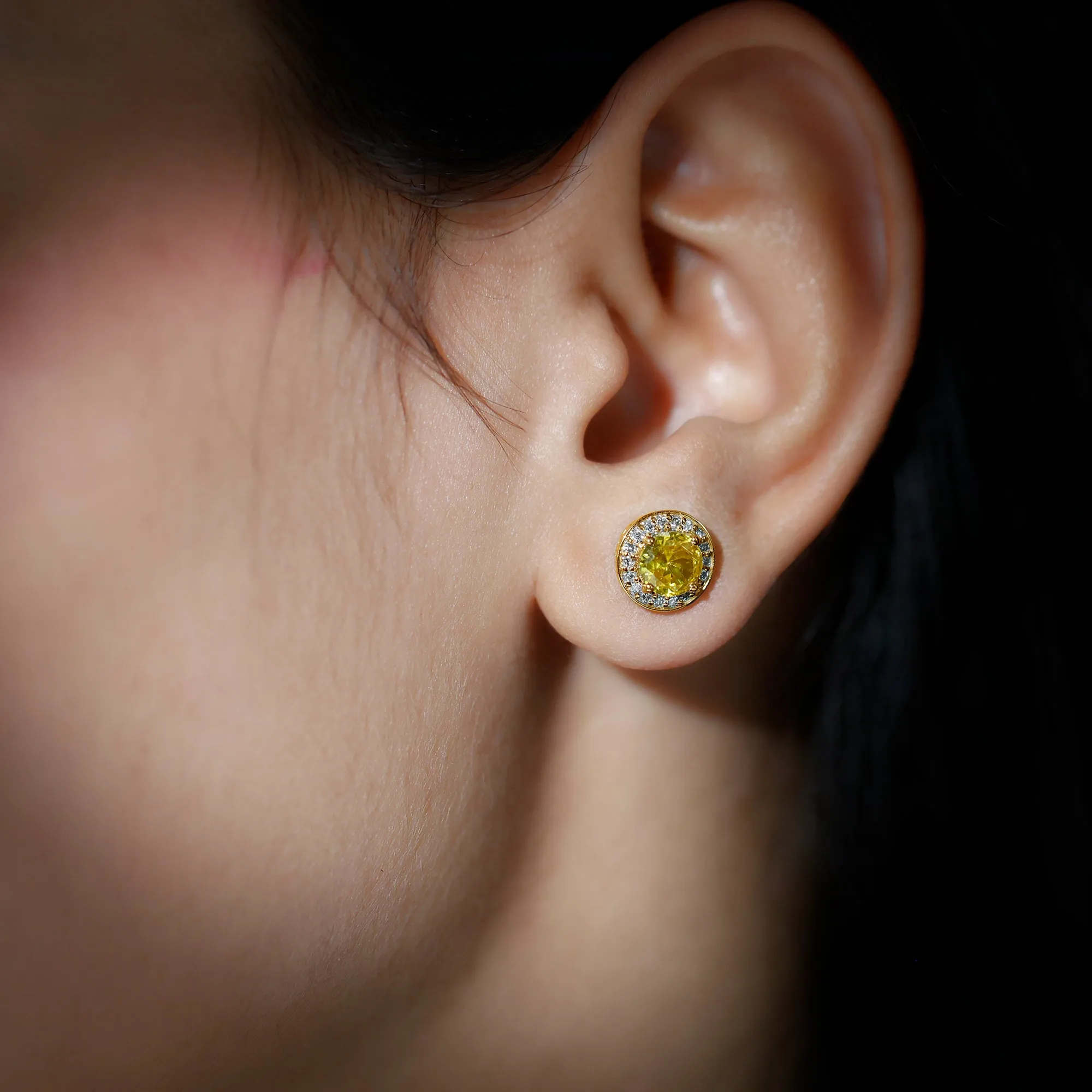 Classic Stud Earrings with Lab Grown Yellow Sapphire and Diamond Halo