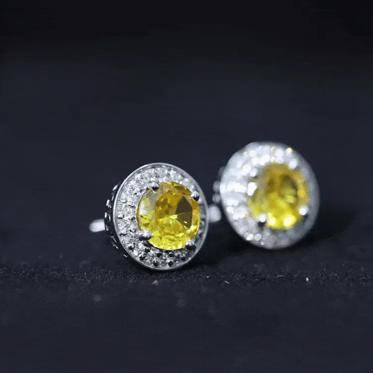 Classic Stud Earrings with Lab Grown Yellow Sapphire and Diamond Halo