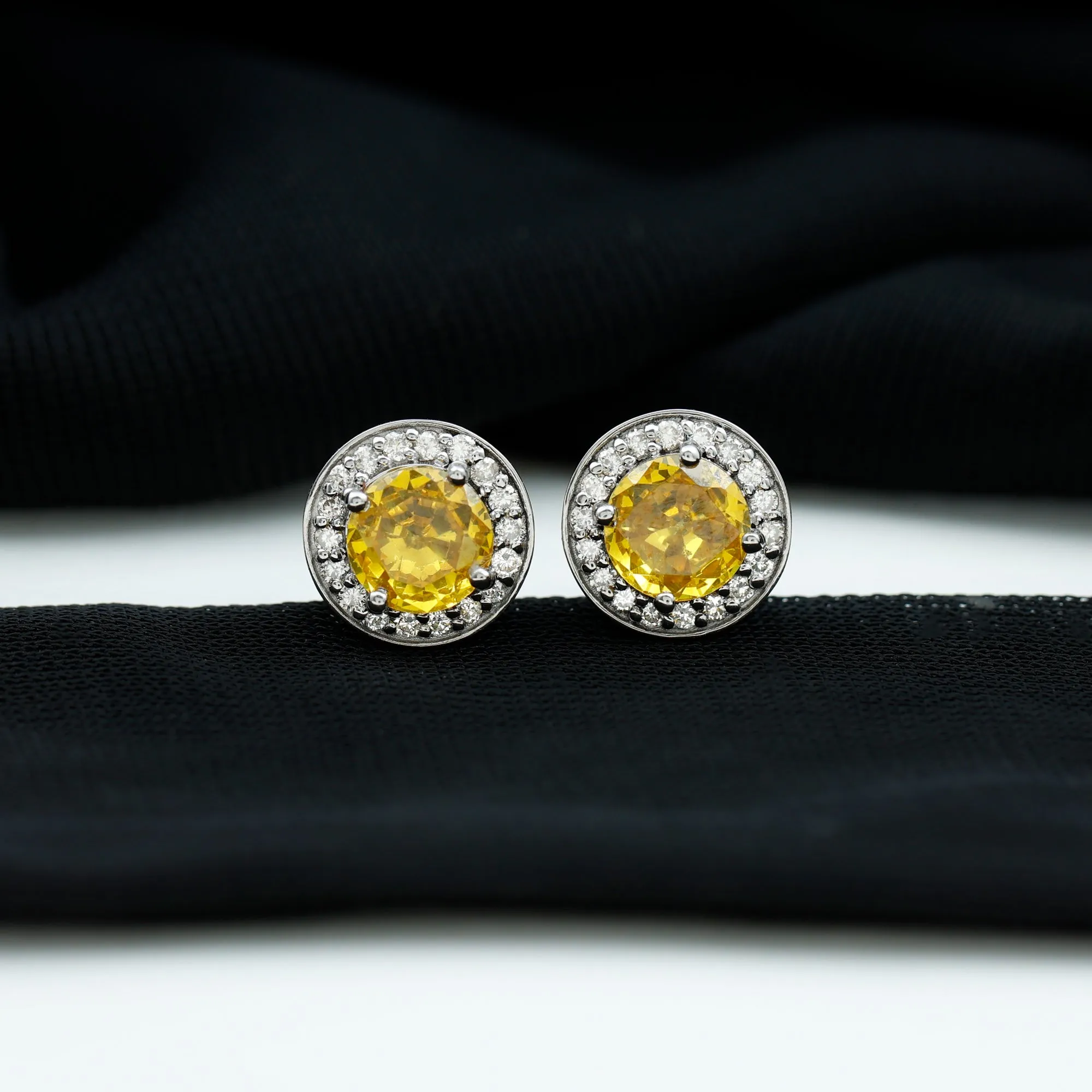 Classic Stud Earrings with Lab Grown Yellow Sapphire and Diamond Halo